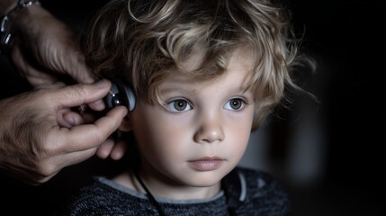 Child getting hearing aid communication support. Soft lighting emotional. AI generated