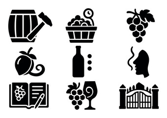 Winemaking silhouette icon set: barrels, grapes, and vineyards in artistic form