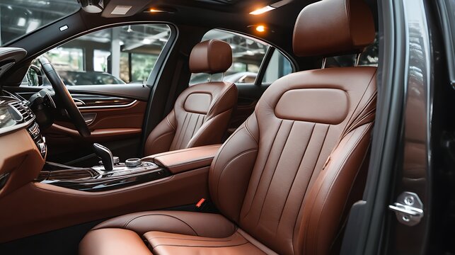 Brown leather luxury car interior. .