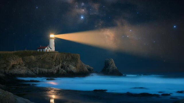 Lighthouse beam cutting through night sky ocean waves crashing on rocks