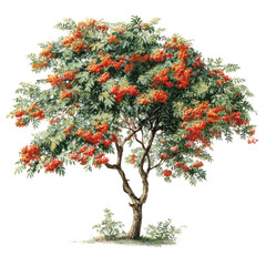 Fototapeta premium Mountain Ash Rowan Tree Sorbus aucuparia - Row of mature rowan trees with green foliage on transparent background