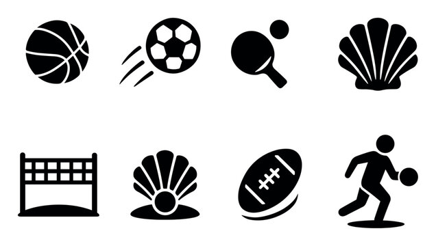 Sports, recreation silhouette icon set: basketball, soccer, ping pong, shell icons