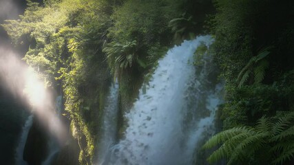 Lush waterfall cascading down green cliff in sunlight nature footage