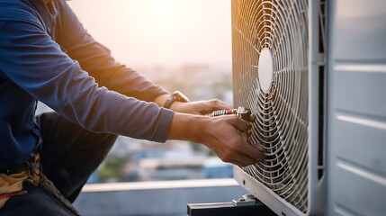 Close up Technicians install hvac unit on rooftop, ensuring efficient climate control not seeing people .