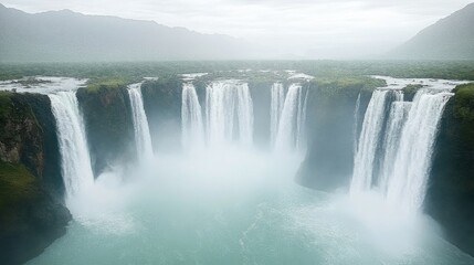 Fototapeta premium Scenic Waterfall Cascading Cliffsides Surrounded by Green Vegetation on a Mountain