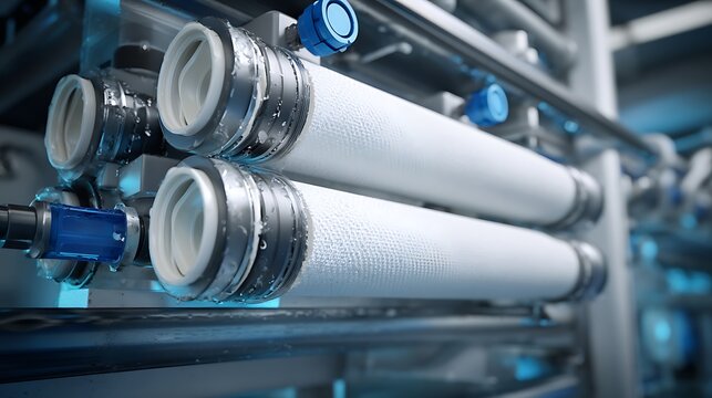 Close-up of a reverse osmosis unit filtering water, showcasing the intricate filtration process and pure water output. Ideal for illustrating water purification and clean water .