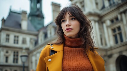Young woman fashion style retro architecture backdrop vintage building. AI generated.