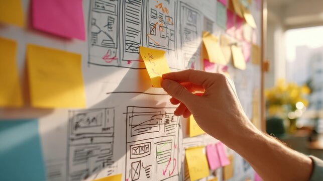 A hand adds a sticky note to a whiteboard covered in website sketches and colorful notes, showcasing a collaborative design process.