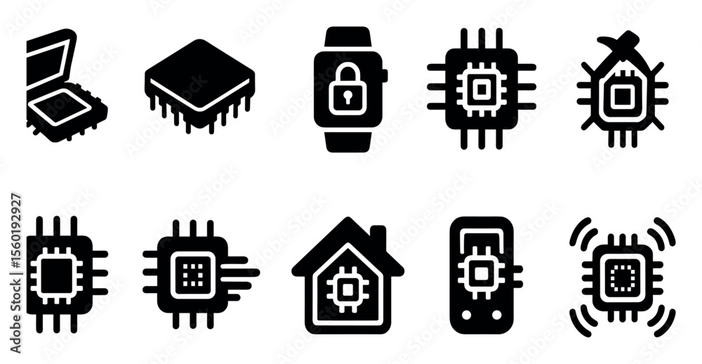Poster technology, hardware solid icon set. microchip, computing, security solid collection