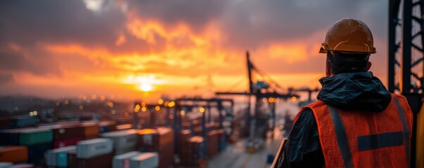 Fototapeta premium Container Port Sunset with Worker, Safety Gear, Shipping Industry, Industrial Landscape, Vibrant Skies, Cargo Operations