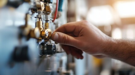 Technician adjusts pressure gauge in industrial machinery at a manufacturing facility during daytime