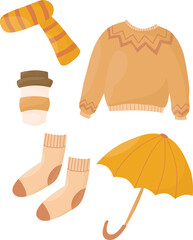 Autumn set, cute hand drawn seasonal objects. Flat style vector illustration