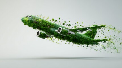 Conceptual image of green, eco-friendly fuel for aviation, symbolizing the sustainable future of air travel with a focus on environmental conservation. .