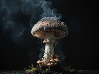 Mystical Mushroom A Stunning Close-Up Photo of a Single Large Mushroom with Smoke