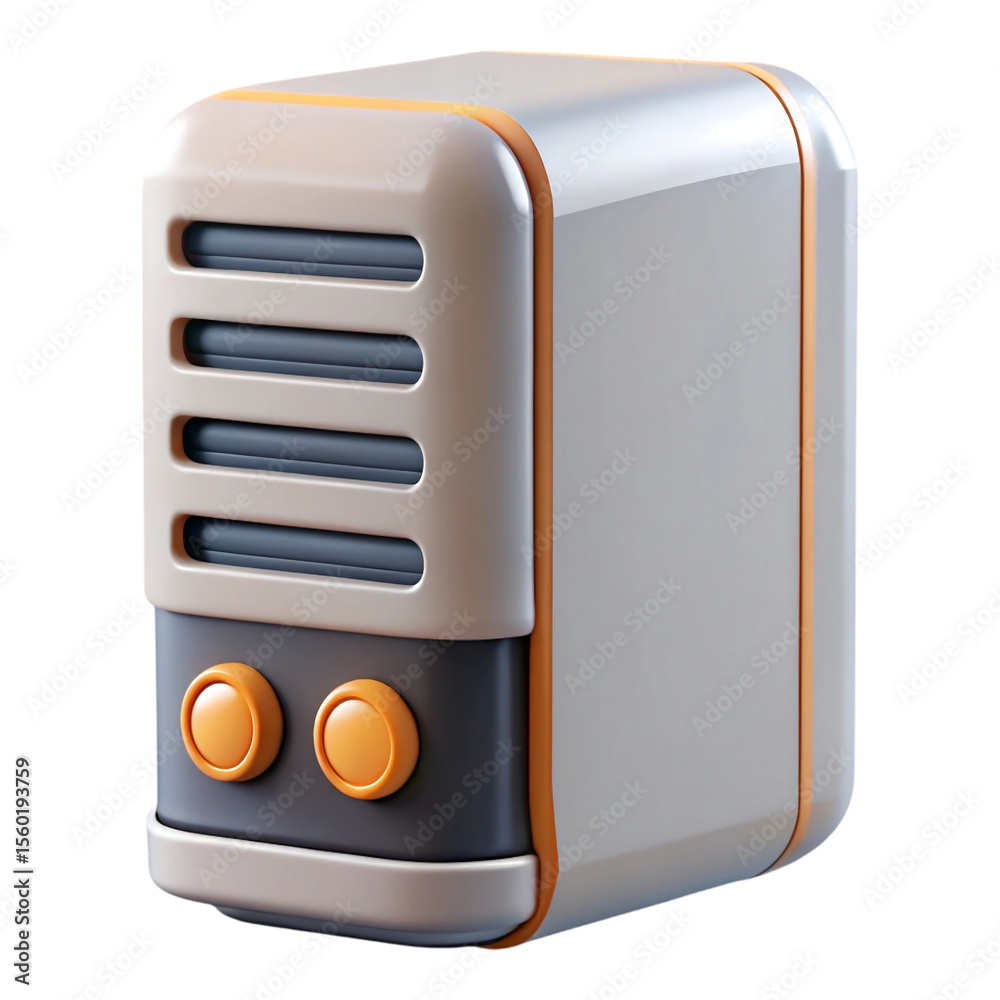 Poster 3 d render of a retro futuristic computer server with beige grey and orange color scheme and rounded
