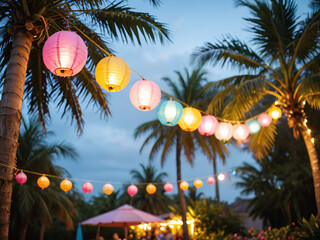 Magical Evening Colorful Paper Lanterns Illuminating Tropical Paradise