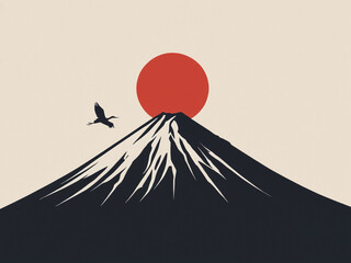 Japanese Mount Fuji Minimalist Art Print Sunrise, Crane, Mountain