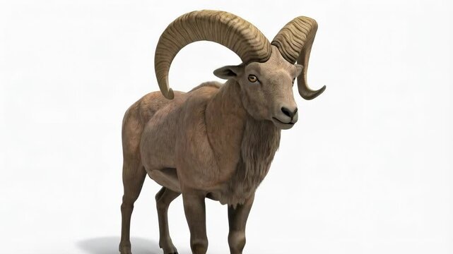 Proud brown bighorn ram standing alert on clean white background, showcasing powerful curved horns and textured fur.