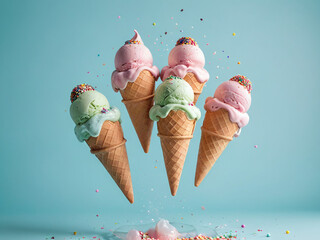 Delicious Ice Cream Cones in Mid-Air A Sweet Summer Treat