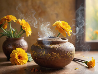 Serene Atmosphere Incense Burning with Marigold Flowers in Clay Pot