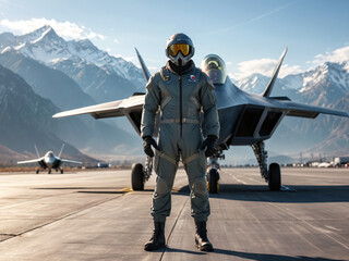 Pilot Standing Before Fighter Jet Against Mountainous Landscape