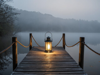 Serene Foggy Lake Illuminated Wooden Dock with Lantern