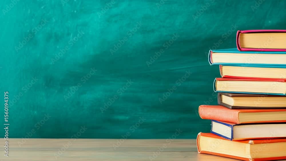 Poster Colorful books stacked on a wooden desk with an empty chalkboard in the background, creating a back to school atmosphere perfect for educational content