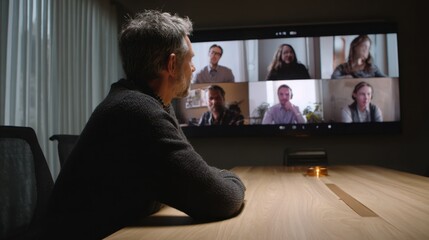 A senior professional engages in a group video conference on a large screen in a dimly lit meeting room.