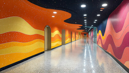 Psychedelic hallway with swirling wall patterns, bright colors, and a speckled floor leading to a distant vanishing point