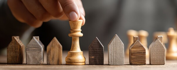 Chess Piece Strategically Placed Among Wooden House Models Symbolizing Competition in Real Estate Market