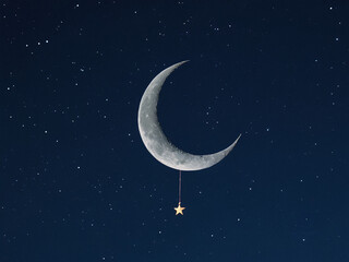 Crescent Moon and Star Night Sky Illustration