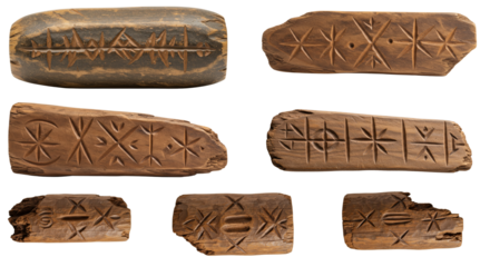 Neolithic artifact with carved symbols displayed on transparent background  