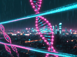 Neon DNA Helix Over Futuristic Cityscape A Cyberpunk Genetic Engineering Concept