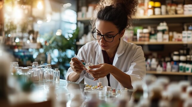 Scientist working diligently in a laboratory, preparing medication amidst shelves filled with various vials and supplements - Powered by Adobe