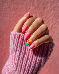 Bright spring pink manicure with tulip floral accent on sunlit wall