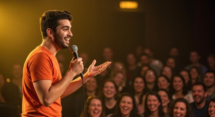 Smiling comedian on stage performing stand up comedy in front of audience