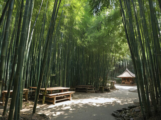 Serene Bamboo Forest Path with Picnic Tables and Gazebo