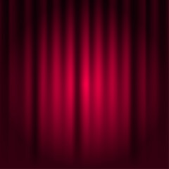 Spotlight on stage curtain. Closed red curtain background. Theatrical drapes. 