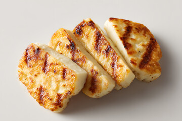 Grilled halloumi cheese with basil on dark background. Hot grilled halloumi slices served with basil leaves. Juicy and crispy food concept on dark backdrop.