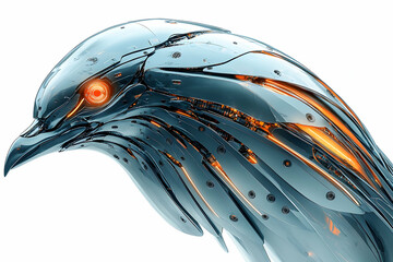 Metallic hawk head, intricate with small screws, glowing eye and internal orange lighting, set on white