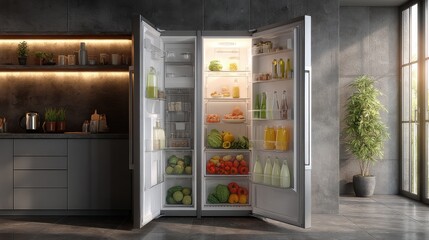 Minimalist open refrigerator shot with natural daylight 