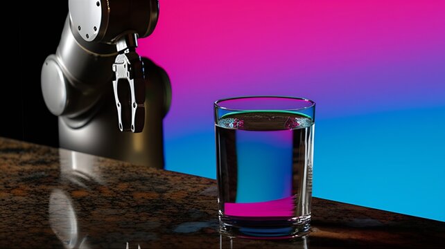 Automated robotic arm gracefully serves a drink in a glass, reflecting a vibrant magenta and cyan sunset, with the bar surface made of polished granite.