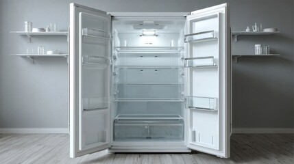 Fototapeta premium Open empty refrigerator with clean white interior, minimal background 