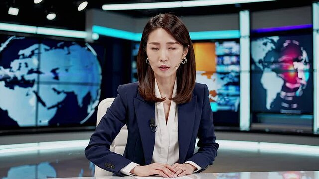 Loop video of studio anchor dressed in blue suit reading live news,Generative AI