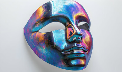 Close up of a smooth reflective mask with hues of blues, purples, oranges, and pinks against a white background