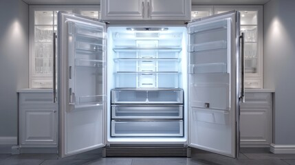 Open refrigerator with clear shelves and drawers, no contents 