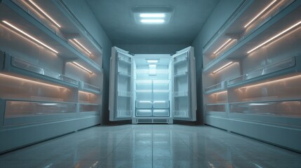 Fototapeta premium Perfectly empty refrigerator with cold tones and symmetry 