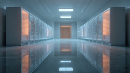 Fototapeta premium Perfectly empty refrigerator with cold tones and symmetry 