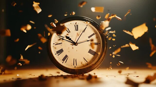 Vintage clock with roman numerals is exploding, sending fragments flying through the air, creating a dramatic and surreal scene with a warm, golden light