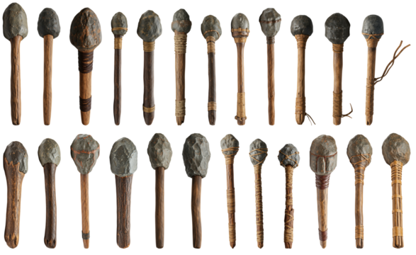 Collection of early human wooden clubs with stone heads on transparent background  